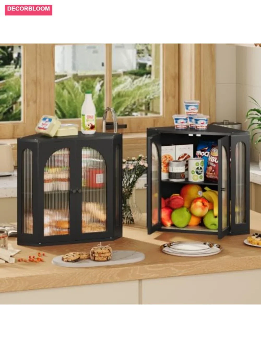 Corner Bread Box with Acrylic Windows, Bamboo Double Layer Kitchen Countertop